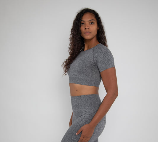 ‘Tighten' Short Sleeve Crop Top- Pepper